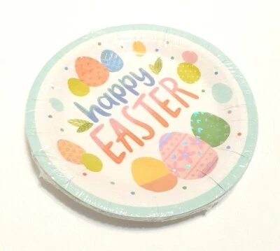 Platos de aperitivos de papel a lunares brillantes arco iris color huevo de Pascua feliz Spritz de 10 quilates 7" Foto 1 de 3