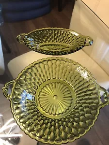 Vintage Indiana Glass Green Honeycomb Oval And Round Bowl Dish Lot Of 2 - Picture 1 of 7