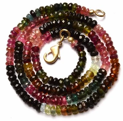 NATURAL GEM MULTICOLOR TOURMALINE 4MM APPROX FACETED RONDELLE BEADS NECKLACE 19" - Image 1 of 3
