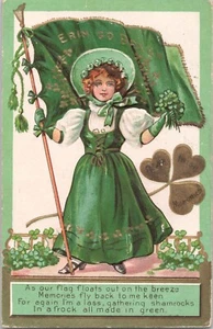 Postcard - St Patrick's Day Pretty Woman Flag Erin Go Bragh Embossed - Picture 1 of 2