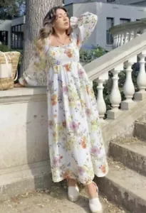 H&M WILDFLOWER MEADOW WHITE FLORAL BALLOON SLEEVE SUMMER MIDI DRESS SIZE MEDIUM - Picture 1 of 5