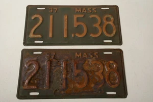 Massachusetts License Plate (E4R) 1937 211-538 Green & White Rusted - Picture 1 of 7