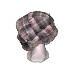 Mad Bomber Wool Bomber Hat (M)- Black & Grey Plaid/Gry Faux Fur - Picture 1 of 11
