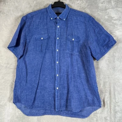 BUGATCHI Blue Linen Shaped Fit Short Sleeve Button-Down Shirt Size XXL - Image 1 of 4