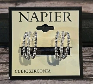 Napier Earrings Silver Hoops Cubic Zirconia NWT (151) - Picture 1 of 3