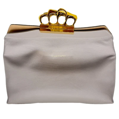 NWT Alexander McQUEEN Gold Brass-KNUCKLE CLUTCH Purse Gray Leather Envelope Bag - Image 1 of 4