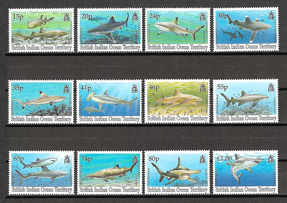 TERRITORIO BRITÁNICO DEL OCÉANO INDIO 1994 TIBURONES CONJUNTO DE 12 MNH Foto 1 de 1