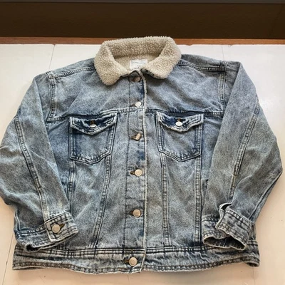 Celebrity Pink Womens Denim Jacket Teddy Fleece Faded Blue Sz-S (3-5) #466 - Image 1 of 4