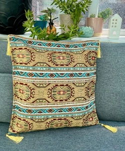 Türkis und Beige Türkischer Kelim Kissenbezug, Chenille Dekokissen - 40x40cm - Bild 1 von 14