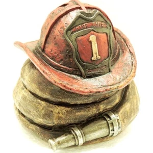 Fireman Fire Chief Bank Helmet & Hose Decor Polyresin 5 1/2x5 1/2 inches New  - Picture 1 of 4