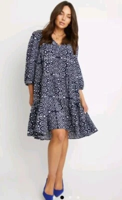 BNWT Rockmans Size 18 Textured Tiered Dress with Puff Sleeves Navy White RRP $79 - image 1 of 4