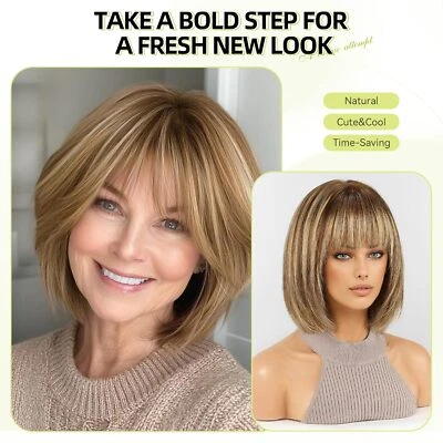 Perucas Bob marrom cinza com cabelo humano loiro com franjas para mulheres brancas sem renda  - Imagem 1 de 4