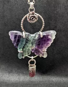 Rainbow Fluorite Butterfly And Ruby Sterling Silver Hand Made Necklace ,A21c - Picture 1 of 11
