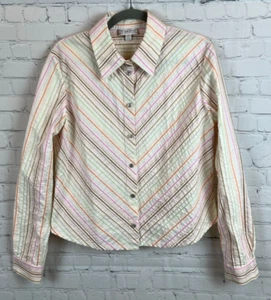 ST. JOHN cotton blend white multicolor striped button down shirt blouse top L - Picture 1 of 9