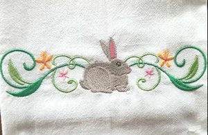 TOALLA DE PLATO DE SACO DE HARINA BORDADA MÁQUINA EASTER BUNNY BORDER - Imagen 1 de 2