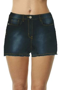 Dunkelblau Stretch Denim Shorts Hotpants Taschen Gürtelschlaufe ausgefranster Saum Mädchen Damen  - Bild 1 von 3
