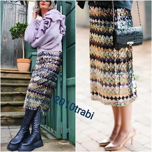 ZARA MULTICOLOURED GEOMETRIC PATTERN SEQUINNED PENCIL MIDI SKIRT SIZE S - Picture 1 of 17