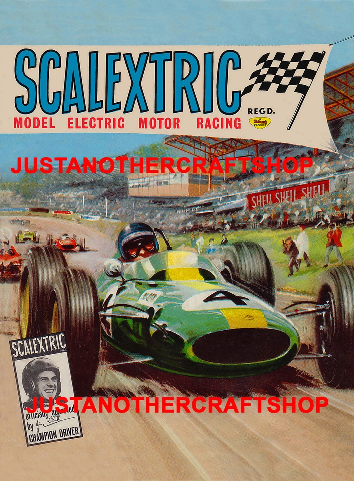 Cartel de exhibición de tienda Scalextric Jim Clark 1965 tamaño A4 folleto publicitario