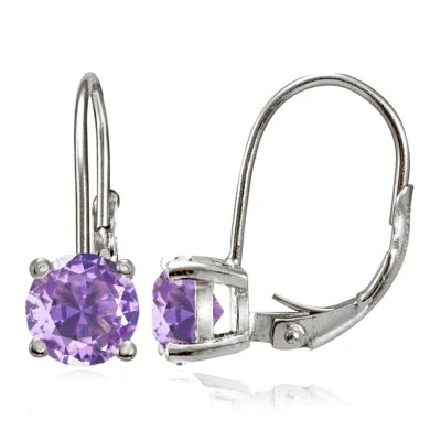 Sterling Silver Simulated Amethyst 6mm Round Leverback Earrings - Image 1 of 4
