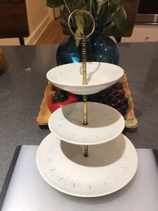 MCM 3 Tier Tidbit Tray Cream &Blue Design Royal China Brass Support, Carry Ring - Picture 1 of 5