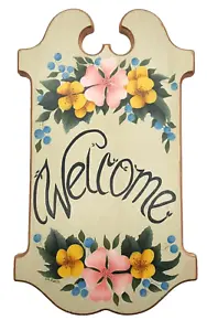 Welcome Sign Wall Plaque Hand Painted Wood Floral Flowers Cottage Country 13.5"L - Picture 1 of 10