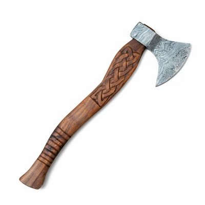 Hacha vikinga Tomahawk de acero damasco forjada a mano 20" funda de mango de madera tallada Foto 1 de 4