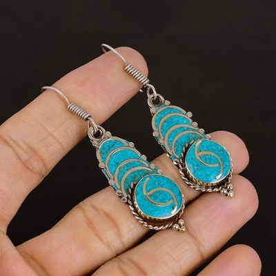 Pendiente nepalí tibetano de plata esterlina 925 bohemio hecho a mano turquesa 2,3" M238 Foto 1 de 4