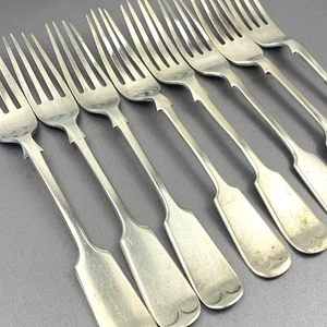 Mixed Lot of 8 x Antique Medium Fiddle Back Handle Forks Nickel Silver 19cm - Picture 1 of 11