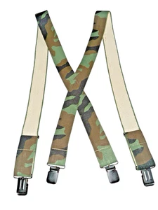 Vtg LL BEAN Size M Elastic Green Camo Suspenders Adjustable Black Clip-on L.L - Picture 1 of 9