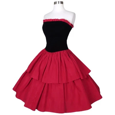 Vestido De Colección Años 80 Negro Terciopelo Rojo Volantes Sin Tirantes Falda Completa HoCo Baile de graduación Fiesta S Foto 1 de 4