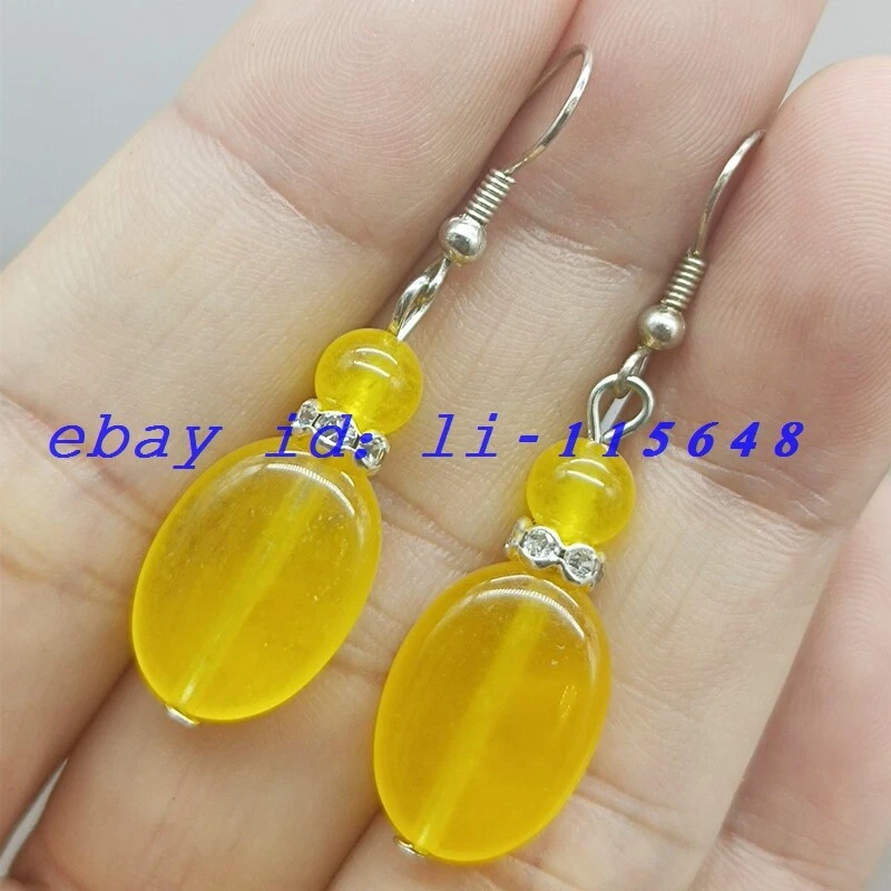 Hermosos Pendientes Amarillos 6mm Redondos y 13x18mm Topacio Ovalado Piedras Preciosas Cuentas Regalo Foto 1 de 4