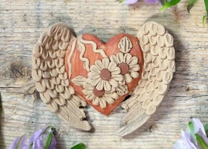 #8 Winged Heart Flowers Clay Handmade Atzompa Pottery Mexico Folk Art Love Token - Picture 1 of 8