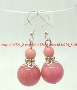 Natural 6mm 14mm Pink Rhodochrosite Round Gemstone Beads Earrings 925 Silver - Picture 1 of 12