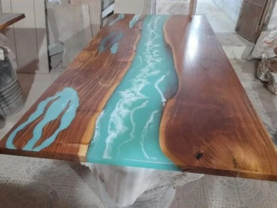 Blue Epoxy Resin Dining Table Top Handmade Furniture Live Edge Wood Hallway Deco - Image 1 of 4