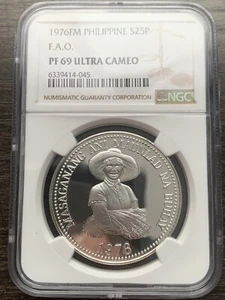 1976 Philippines F.A.O. 25 Piso Silver Proof NGC PF69 Ultra Cameo - Picture 1 of 4