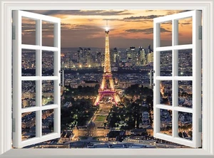 Póster de pela y calcomanía de palo para ventana falsa de París papel tapiz nocturno ciudad - Imagen 1 de 6