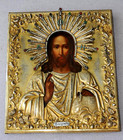 RUSSIAN IMPERIAL ENAMEL ICON JESUS CHRIST PANTOCRATOR 84 SILVER GOLD CROSS PAINT