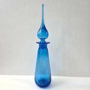 Vintage Rainbow Glass Blue Crackle Decanter Bottle Flame Stopper MCM 17.5" READ - Picture 1 of 20