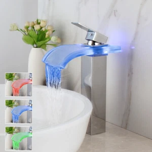 LED Waterfall Spout Vanity Chrome Brass Bathroom Basin Faucet Sink Mixer Tap - Bild 1 von 9