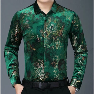Men Velvet Floral Shirts Casual Long Sleeve Blouse Tops Slim Flower Warm - Picture 1 of 13