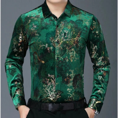 Men Velvet Floral Shirts Casual Long Sleeve Blouse Tops Slim Flower Warm - Image 1 of 4