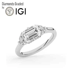 Emerald Solitaire Labgrown Diamond Trilogy Ring 14k White Gold 2.45 Ct D VVS2 - Picture 1 of 23