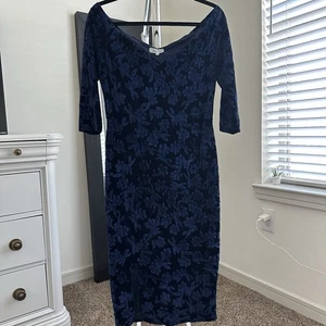 Women's Lazuli Couture Blue Floral Velvet Dress Size L, Some Stretch, Embossed - Picture 1 of 12