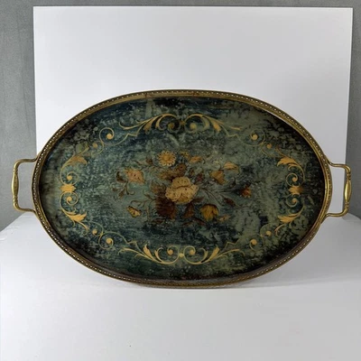 Vintage Italian Florentine Toleware Tray Green Gold Gilt Floral Oval Handles - Image 1 of 4