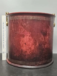 Vtg Maitland Smith Leather Wrapped Waste Basket/Fire Bucket Brass Handle Insert - Picture 1 of 23