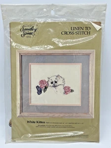 Vintage 1989 Something Special Linen to Cross Stitch White Kitten 70051 - Picture 1 of 4