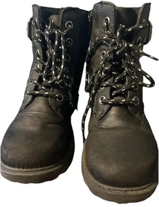 Blowfish Malibu Rya-k Combat Black Leather Buckle Lace Up Boots Girls Sz 12 C - Picture 1 of 14