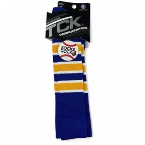 TCK Performance Blue Yellow White Stripes Adult Size Small 1 Pair New - Picture 1 of 6