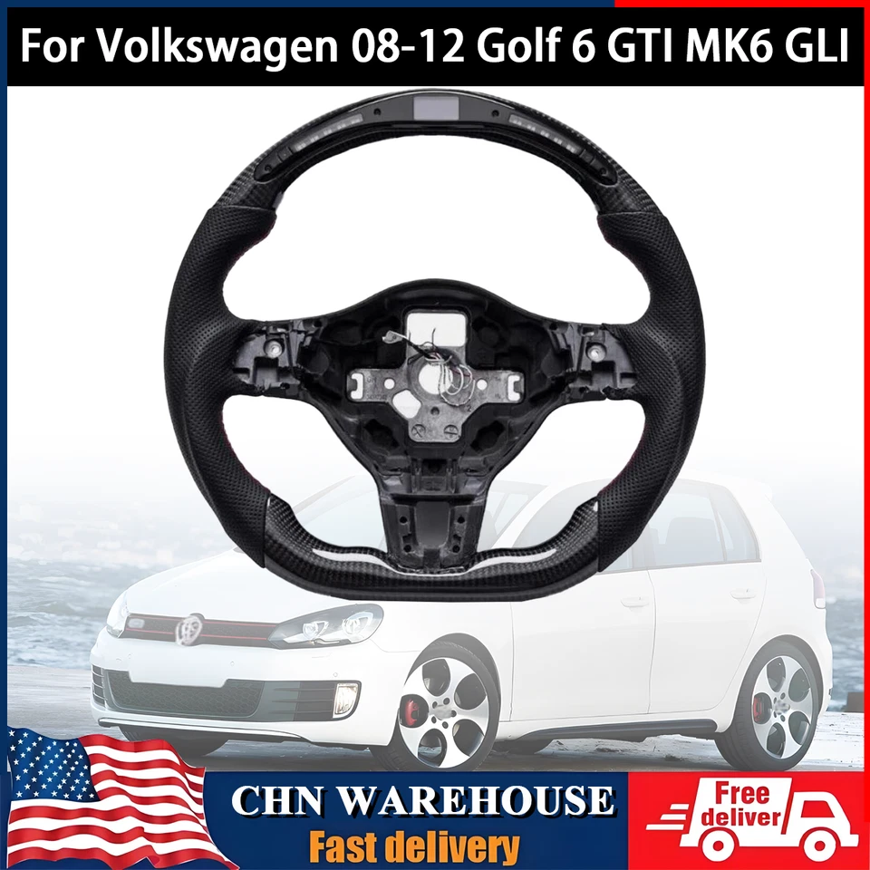 LED Real Carbon Fiber Steering Wheel Fit 2008-2012 VW Golf 6 GTI MK6 Scirocco - Image 1 of 4