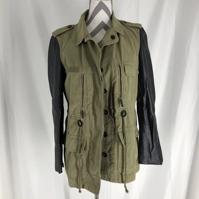 Utility Jacket Sz M Green Black Faux Leather Sleeve Hidden Buttons - Image 1 of 4